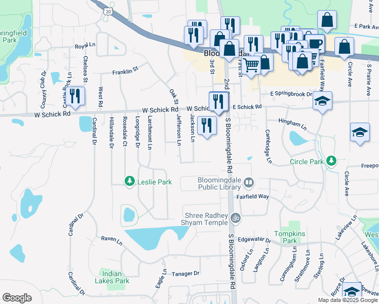 map of restaurants, bars, coffee shops, grocery stores, and more near 173 Jefferson Lane in Bloomingdale
