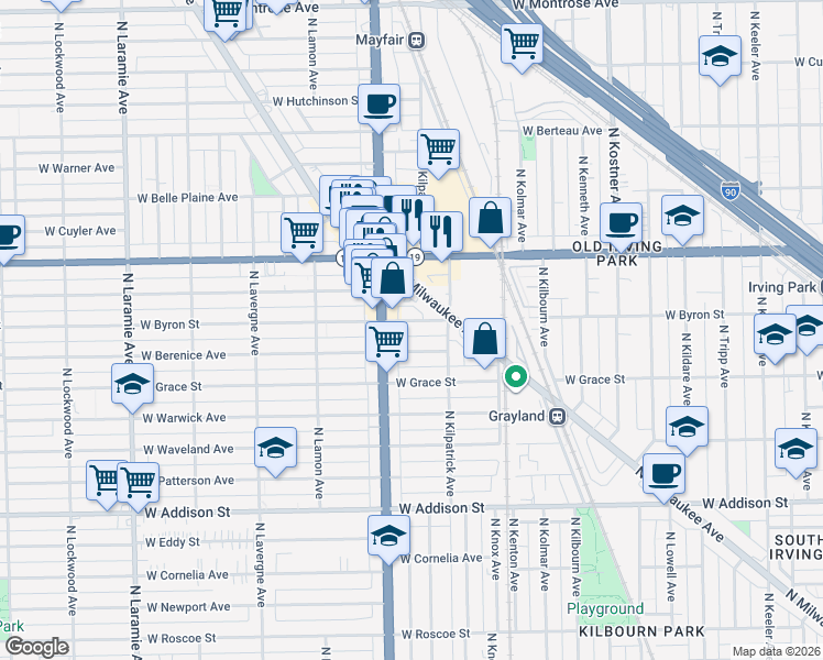 map of restaurants, bars, coffee shops, grocery stores, and more near 3930 North Milwaukee Avenue in Chicago