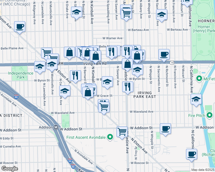 map of restaurants, bars, coffee shops, grocery stores, and more near 3834 North Spaulding Avenue in Chicago