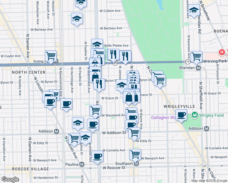 map of restaurants, bars, coffee shops, grocery stores, and more near 3823 North Greenview Avenue in Chicago