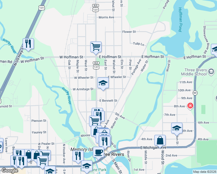 map of restaurants, bars, coffee shops, grocery stores, and more near 514 East Street in Three Rivers