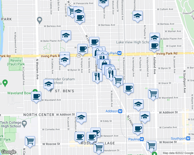 map of restaurants, bars, coffee shops, grocery stores, and more near 3827 N Damen Ave in Chicago