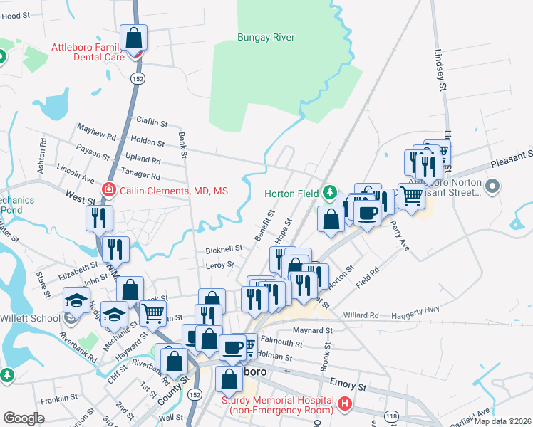 map of restaurants, bars, coffee shops, grocery stores, and more near 60 Benefit Street in Attleboro