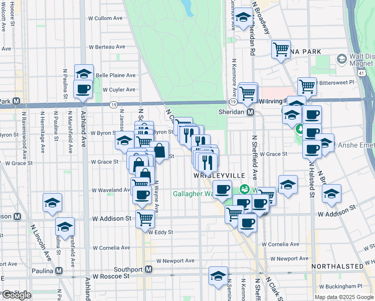 map of restaurants, bars, coffee shops, grocery stores, and more near 3833 North Clark Street in Chicago