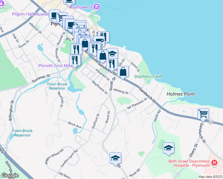 map of restaurants, bars, coffee shops, grocery stores, and more near 23 South Street in Plymouth