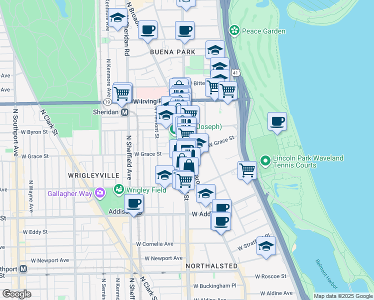 map of restaurants, bars, coffee shops, grocery stores, and more near 3823 North Broadway in Chicago