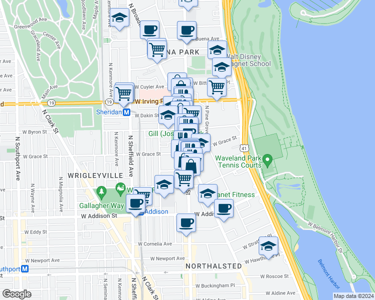 map of restaurants, bars, coffee shops, grocery stores, and more near 3823 North Broadway in Chicago