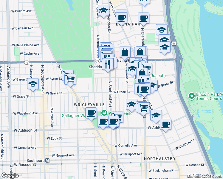 map of restaurants, bars, coffee shops, grocery stores, and more near 3825 North Sheffield Avenue in Chicago