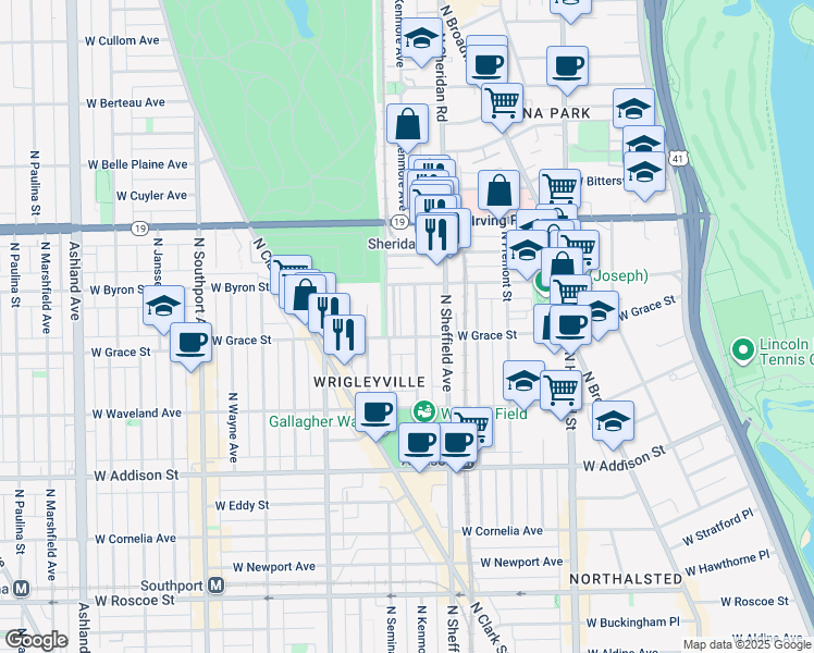 map of restaurants, bars, coffee shops, grocery stores, and more near 1017 West Byron Street in Chicago