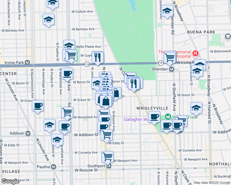 map of restaurants, bars, coffee shops, grocery stores, and more near 3832 North Wayne Avenue in Chicago
