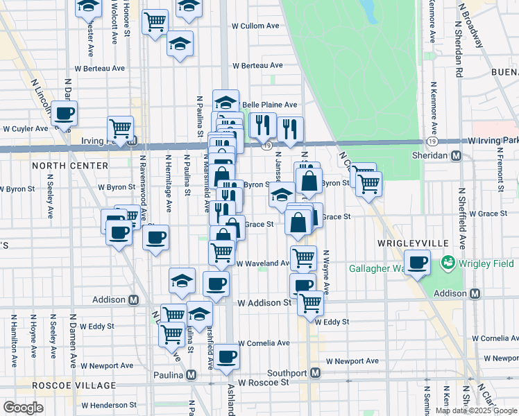 map of restaurants, bars, coffee shops, grocery stores, and more near 3845 North Greenview Avenue in Chicago