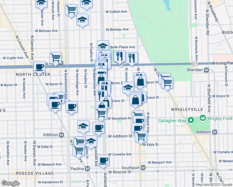 map of restaurants, bars, coffee shops, grocery stores, and more near 3845 North Greenview Avenue in Chicago