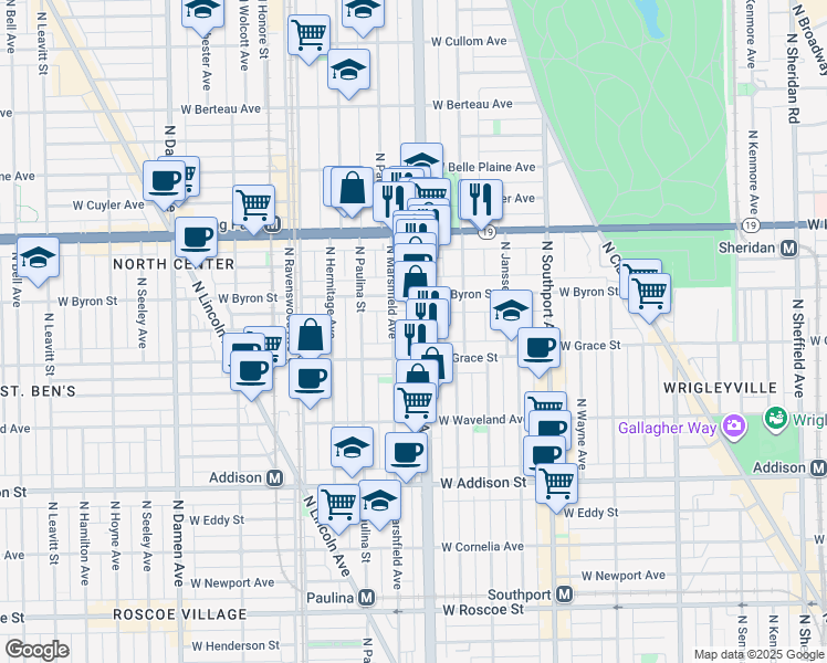 map of restaurants, bars, coffee shops, grocery stores, and more near 3840 North Ashland Avenue in Chicago