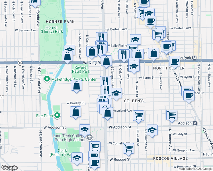 map of restaurants, bars, coffee shops, grocery stores, and more near 3838 North Western Avenue in Chicago