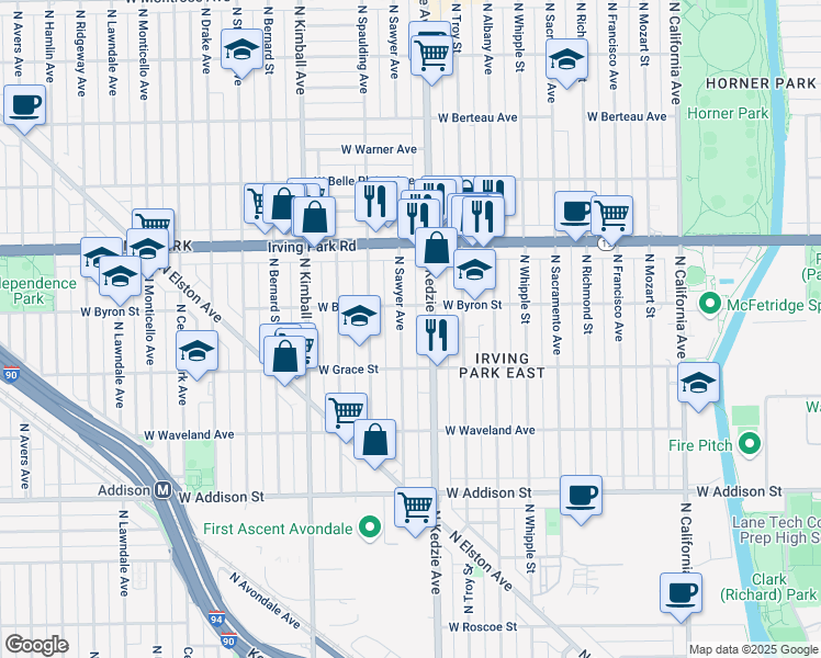 map of restaurants, bars, coffee shops, grocery stores, and more near 3858 North Sawyer Avenue in Chicago