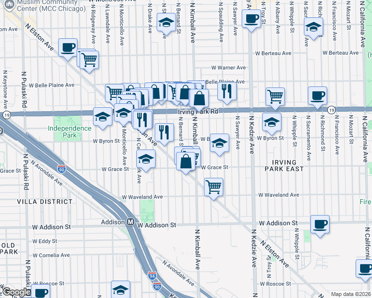 map of restaurants, bars, coffee shops, grocery stores, and more near 3859 North Bernard Street in Chicago