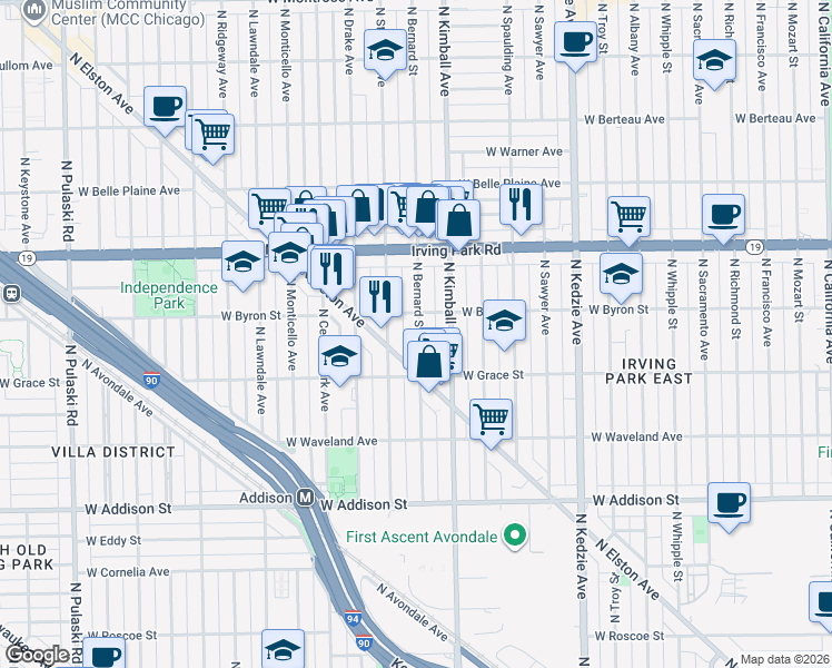 map of restaurants, bars, coffee shops, grocery stores, and more near 3859 North Bernard Street in Chicago