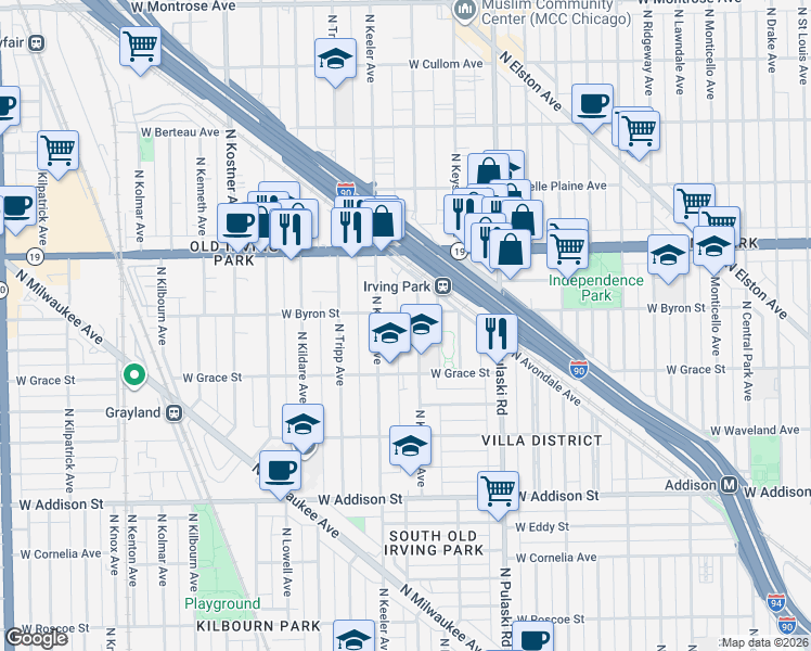 map of restaurants, bars, coffee shops, grocery stores, and more near 3905 North Keeler Avenue in Chicago