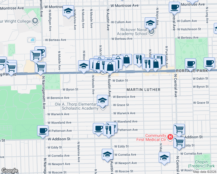 map of restaurants, bars, coffee shops, grocery stores, and more near 6005 West Dakin Street in Chicago
