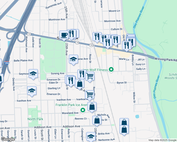 map of restaurants, bars, coffee shops, grocery stores, and more near 4021 Prairie Avenue in Schiller Park
