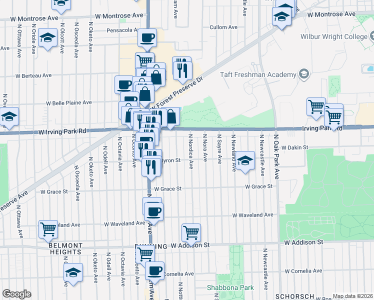 map of restaurants, bars, coffee shops, grocery stores, and more near 3940 North Nordica Avenue in Chicago