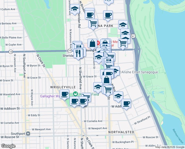 map of restaurants, bars, coffee shops, grocery stores, and more near 3824 North Fremont Street in Chicago