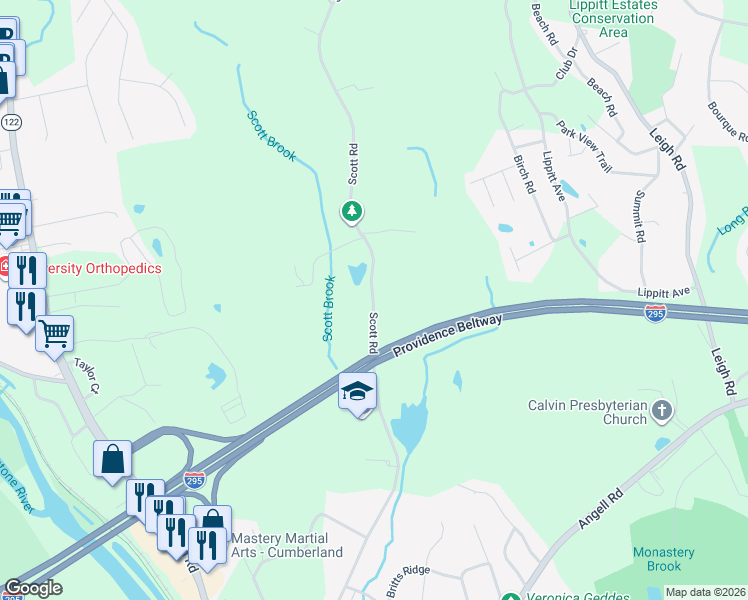 map of restaurants, bars, coffee shops, grocery stores, and more near 171 Scott Road in Cumberland