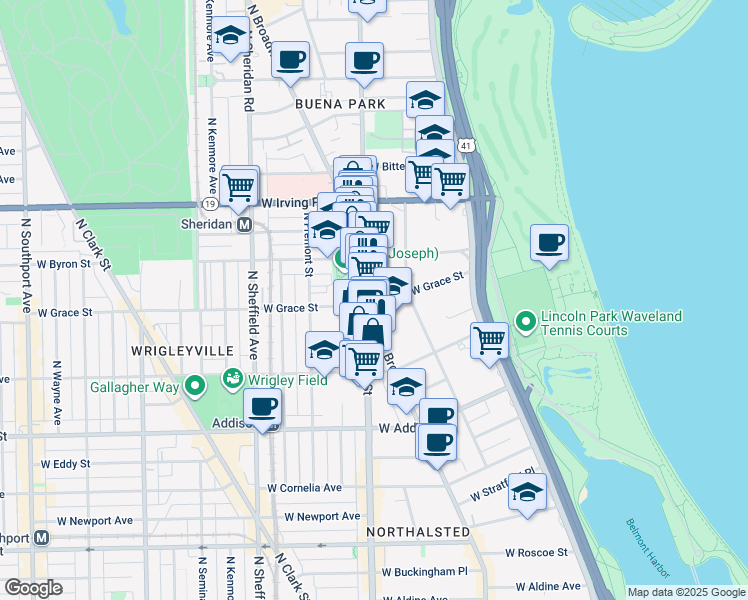 map of restaurants, bars, coffee shops, grocery stores, and more near 3823 North Broadway in Chicago