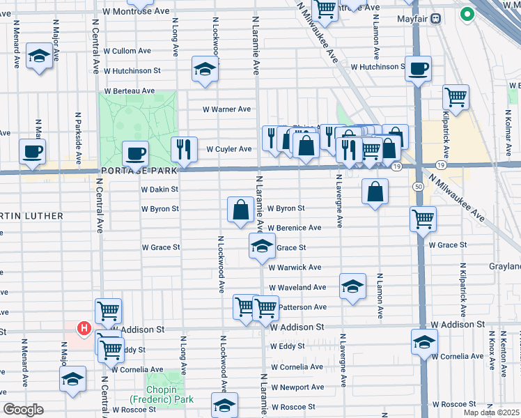 map of restaurants, bars, coffee shops, grocery stores, and more near North Laramie Avenue & West Byron Street in Chicago