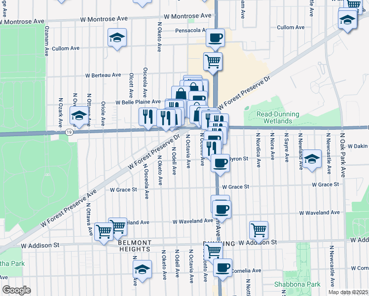 map of restaurants, bars, coffee shops, grocery stores, and more near 3946 North Octavia Avenue in Chicago