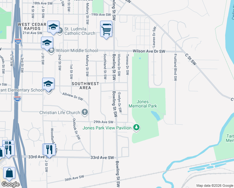 map of restaurants, bars, coffee shops, grocery stores, and more near in Cedar Rapids