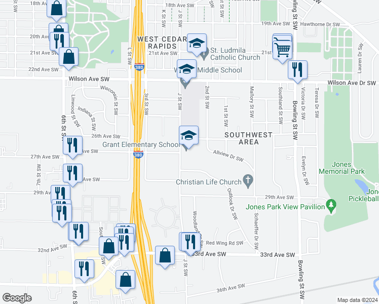 map of restaurants, bars, coffee shops, grocery stores, and more near 254 Outlook Drive Southwest in Cedar Rapids