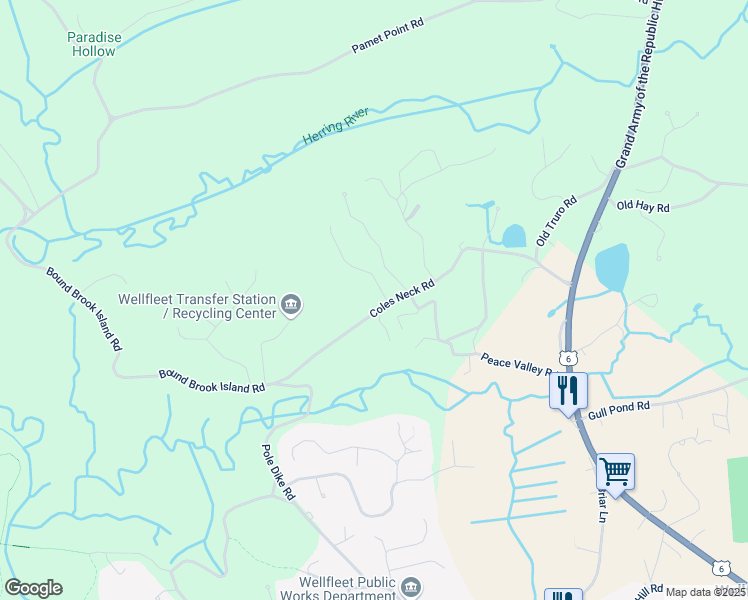 map of restaurants, bars, coffee shops, grocery stores, and more near 25 Whidah Way in Wellfleet