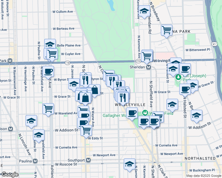 map of restaurants, bars, coffee shops, grocery stores, and more near 3833 North Clark Street in Chicago