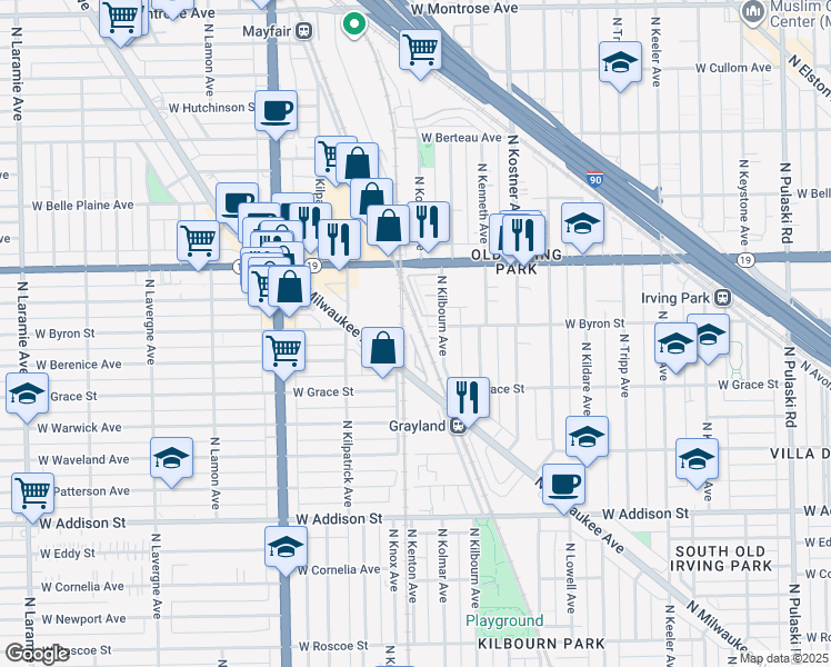map of restaurants, bars, coffee shops, grocery stores, and more near 3817 North Milwaukee Avenue in Chicago