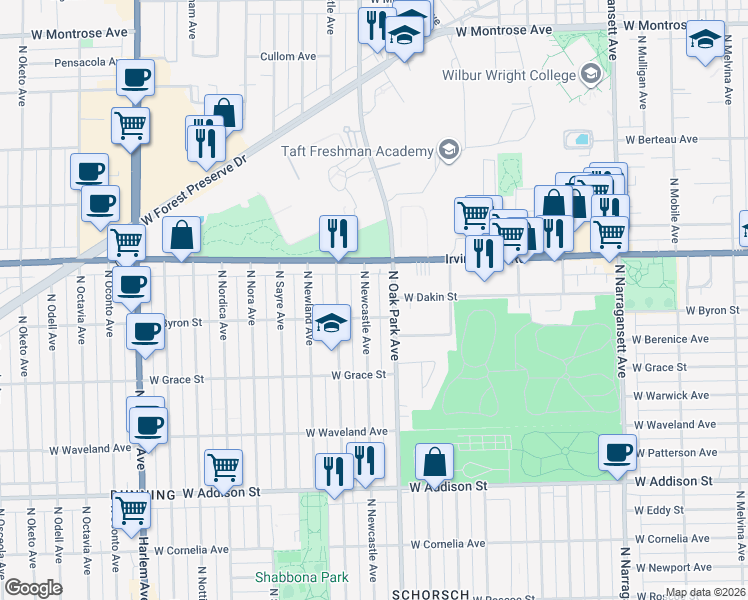 map of restaurants, bars, coffee shops, grocery stores, and more near 3934 North Oak Park Avenue in Chicago