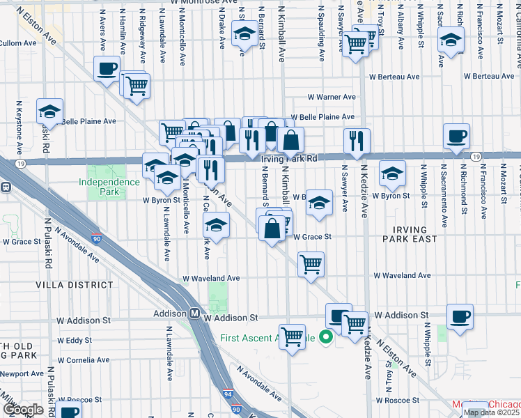 map of restaurants, bars, coffee shops, grocery stores, and more near 3842 North Bernard Street in Chicago