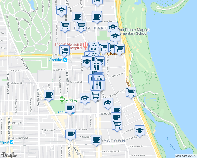 map of restaurants, bars, coffee shops, grocery stores, and more near 3823 North Broadway in Chicago