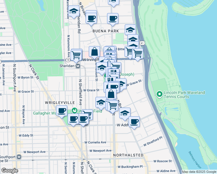 map of restaurants, bars, coffee shops, grocery stores, and more near 831 West Sheridan Road in Chicago