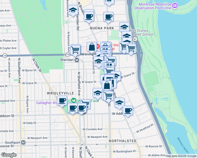map of restaurants, bars, coffee shops, grocery stores, and more near 831 West Sheridan Road in Chicago