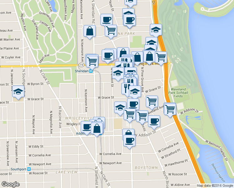 map of restaurants, bars, coffee shops, grocery stores, and more near 831 West Sheridan Road in Chicago