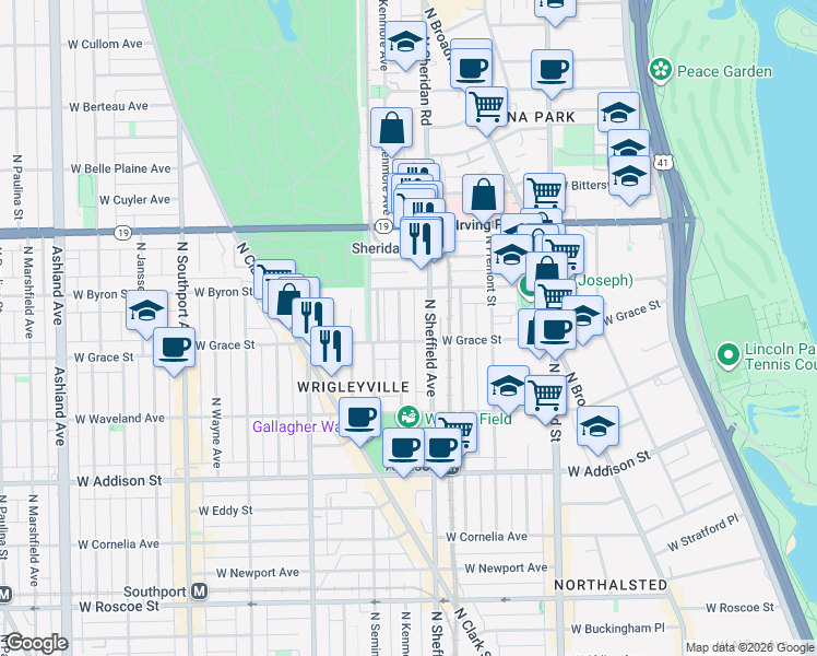map of restaurants, bars, coffee shops, grocery stores, and more near 1017 West Byron Street in Chicago