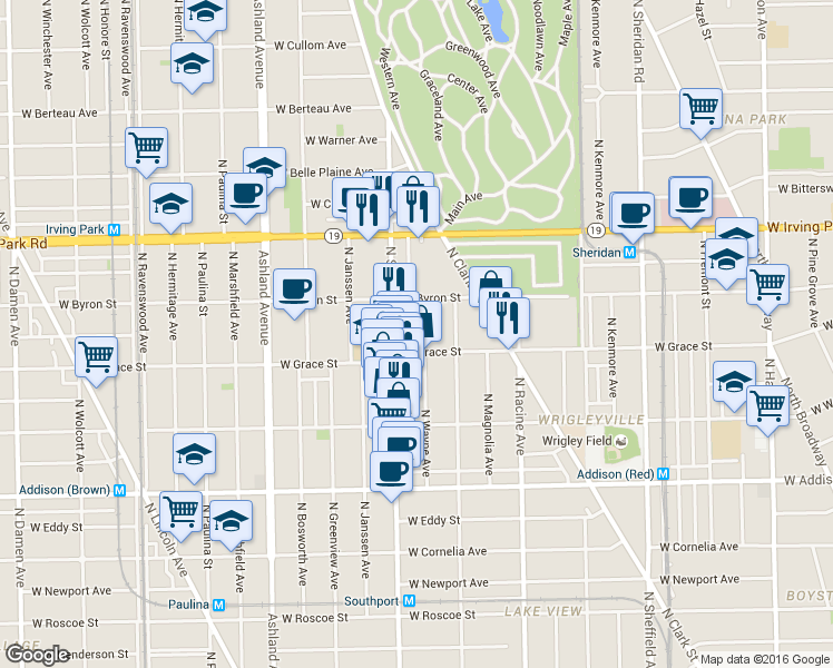 map of restaurants, bars, coffee shops, grocery stores, and more near 3832 North Wayne Avenue in Chicago