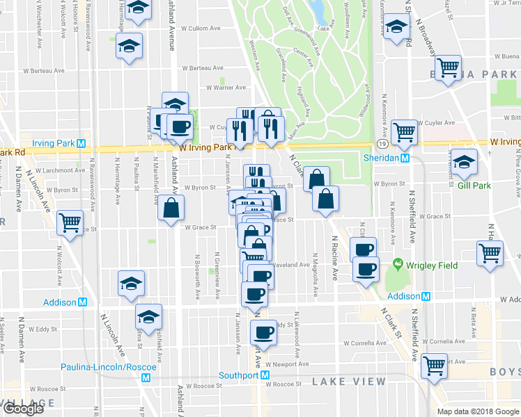 map of restaurants, bars, coffee shops, grocery stores, and more near 3846 North Southport Avenue in Chicago