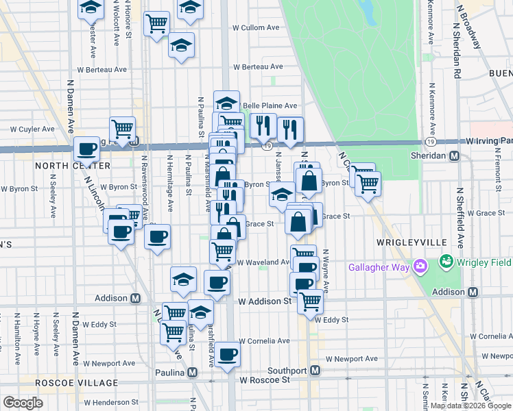 map of restaurants, bars, coffee shops, grocery stores, and more near 3845 North Greenview Avenue in Chicago