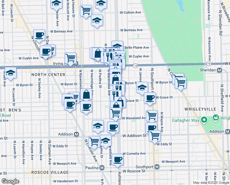 map of restaurants, bars, coffee shops, grocery stores, and more near 3840 North Ashland Avenue in Chicago