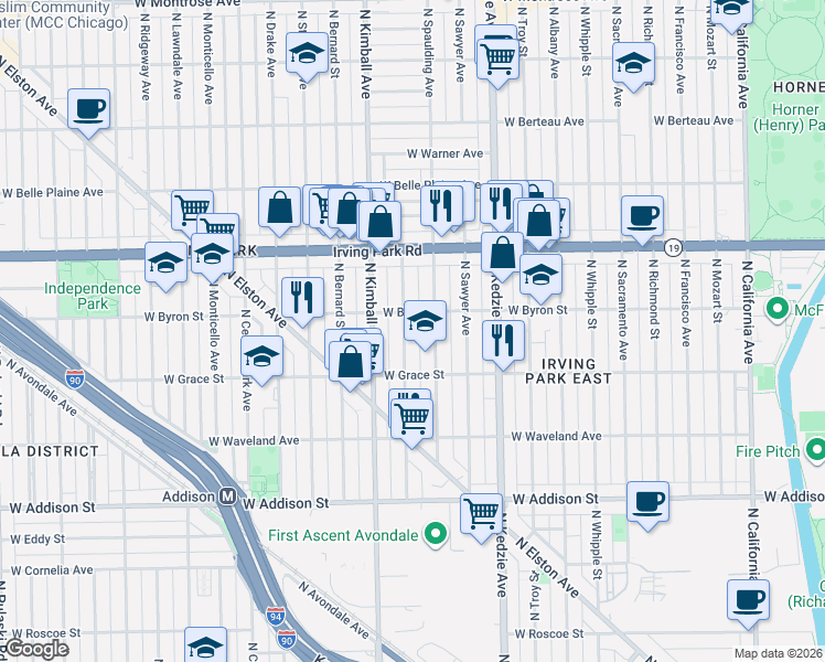 map of restaurants, bars, coffee shops, grocery stores, and more near 3834 North Spaulding Avenue in Chicago