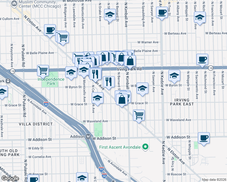 map of restaurants, bars, coffee shops, grocery stores, and more near 3860 North Saint Louis Avenue in Chicago