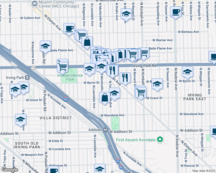 map of restaurants, bars, coffee shops, grocery stores, and more near 3903 North Monticello Avenue in Chicago