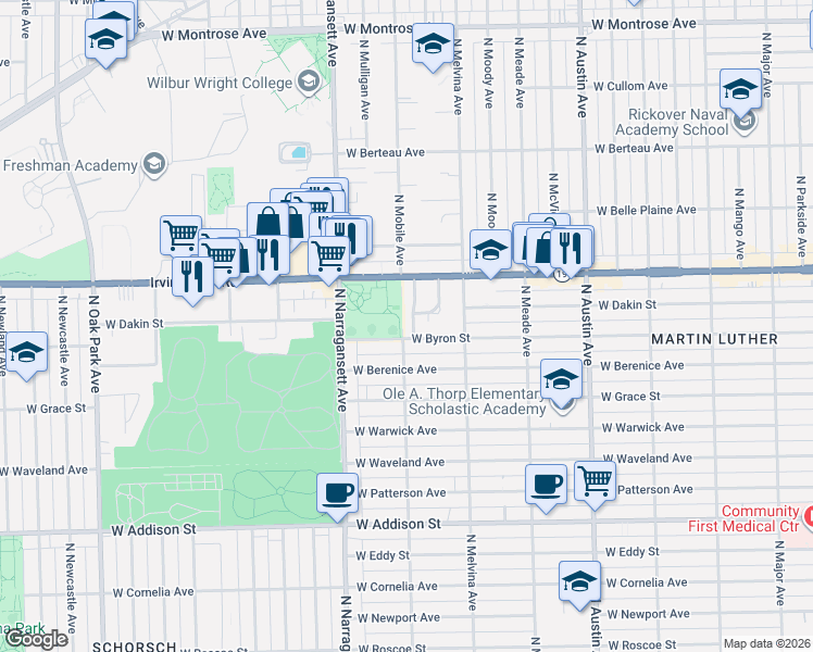 map of restaurants, bars, coffee shops, grocery stores, and more near 6549 Irving Park Road in Chicago